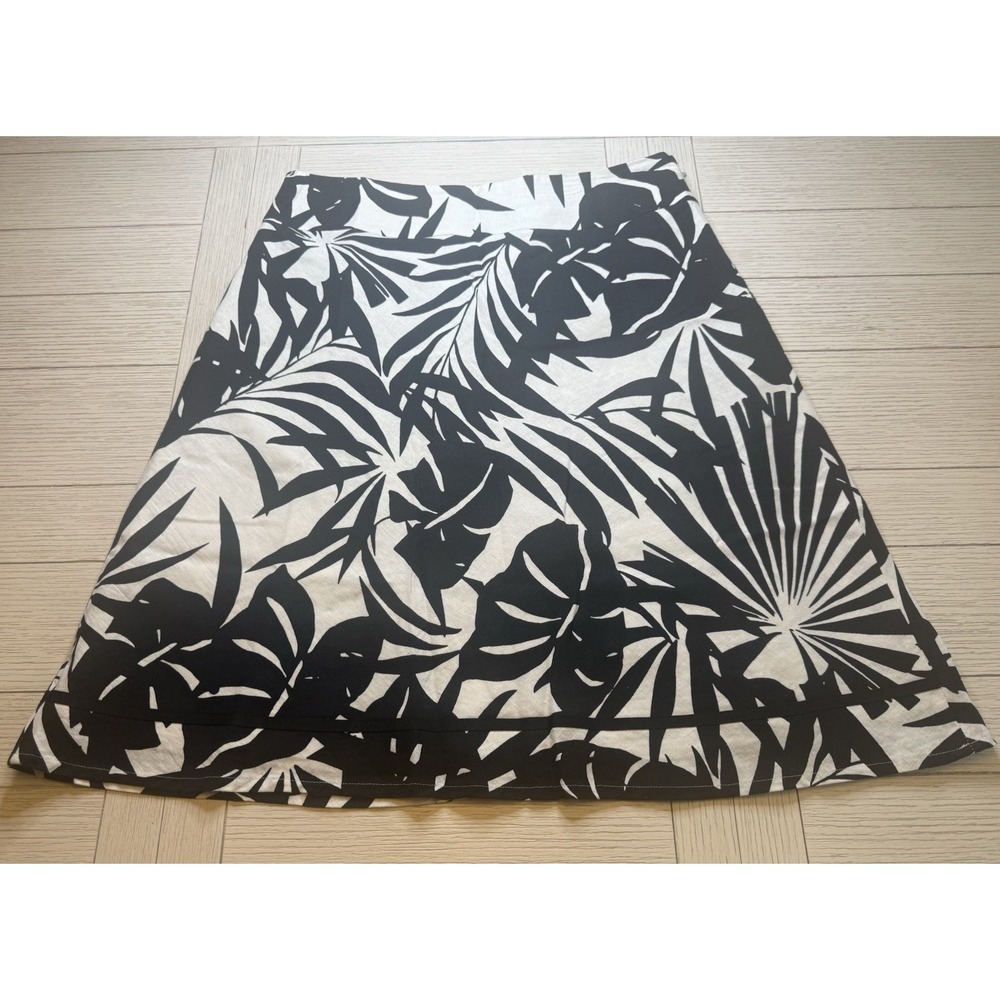 CATO Women Size 16 Black Beige Print Linen Blend Knee Length Lined Flounce Skirt